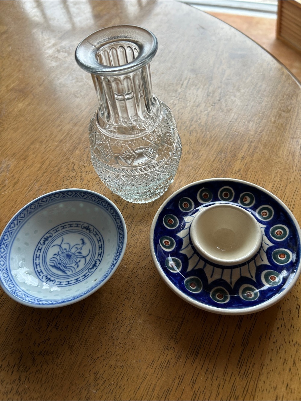 Clear Glass Vase and Blue Ceramic Dishes - Decorative Home Dining Set